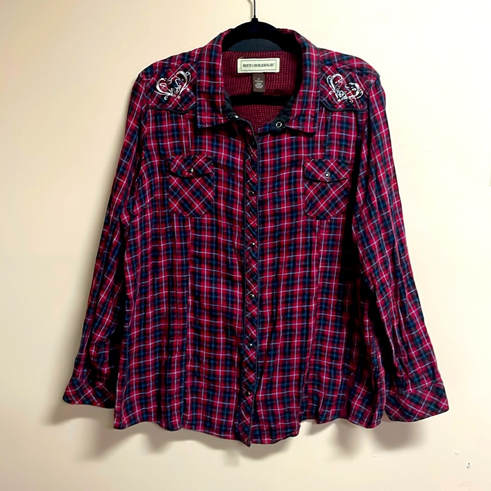Bit & Bridle 2X Red and Black Button Up Plaid with Snap Buttons